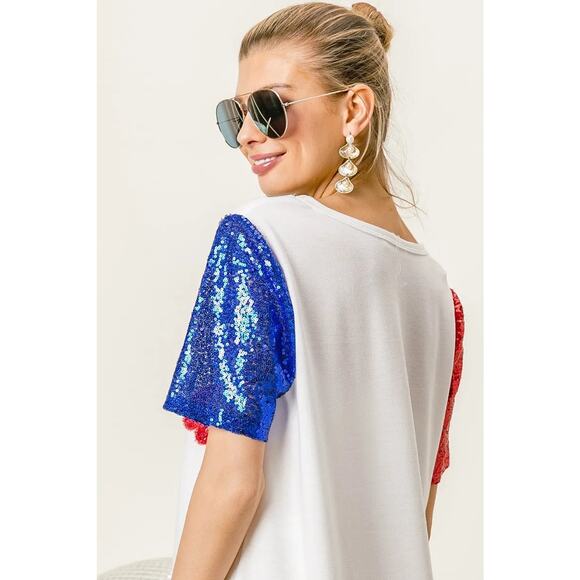 BiBi Metallic Letter V-Neckline Sequin Short Sleeves Relaxed Fit Top | Off White - Picture 11 of 11